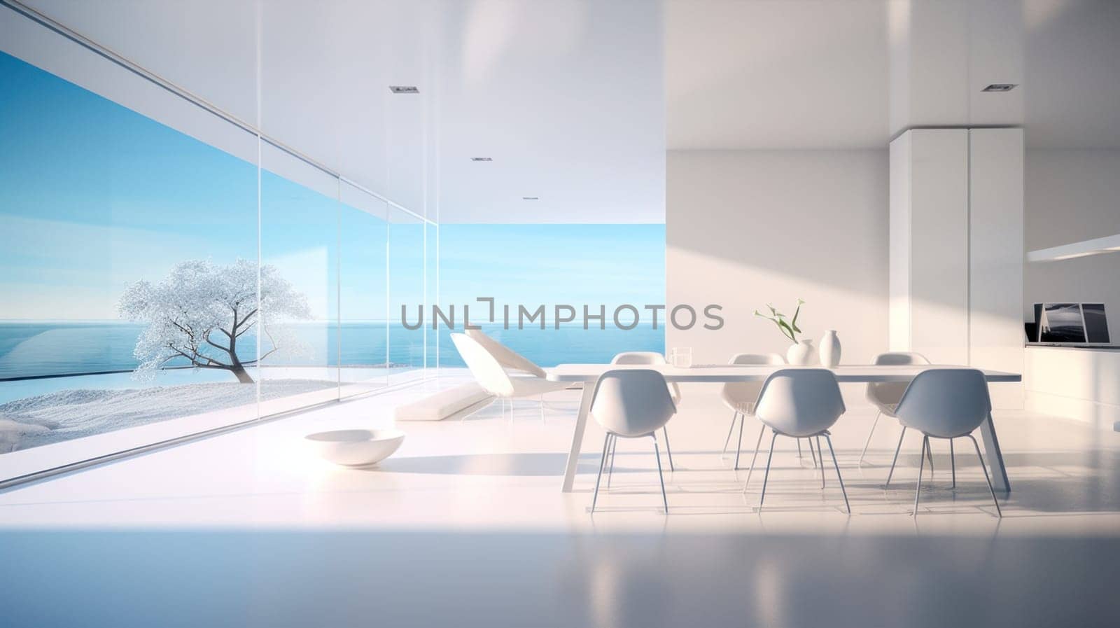 Bright and airy minimalist living room featuring sleek white furniture and a panoramic view of the ocean, with abundant natural light.