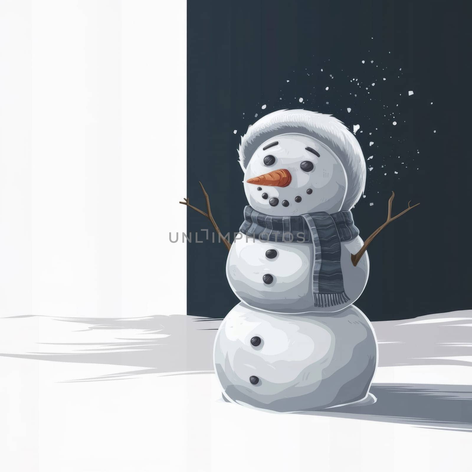 Festive snowman in winter attire. Illustration of a snowman in a scarf and a winter hat with a joyful expression on his face. on a two-tone background