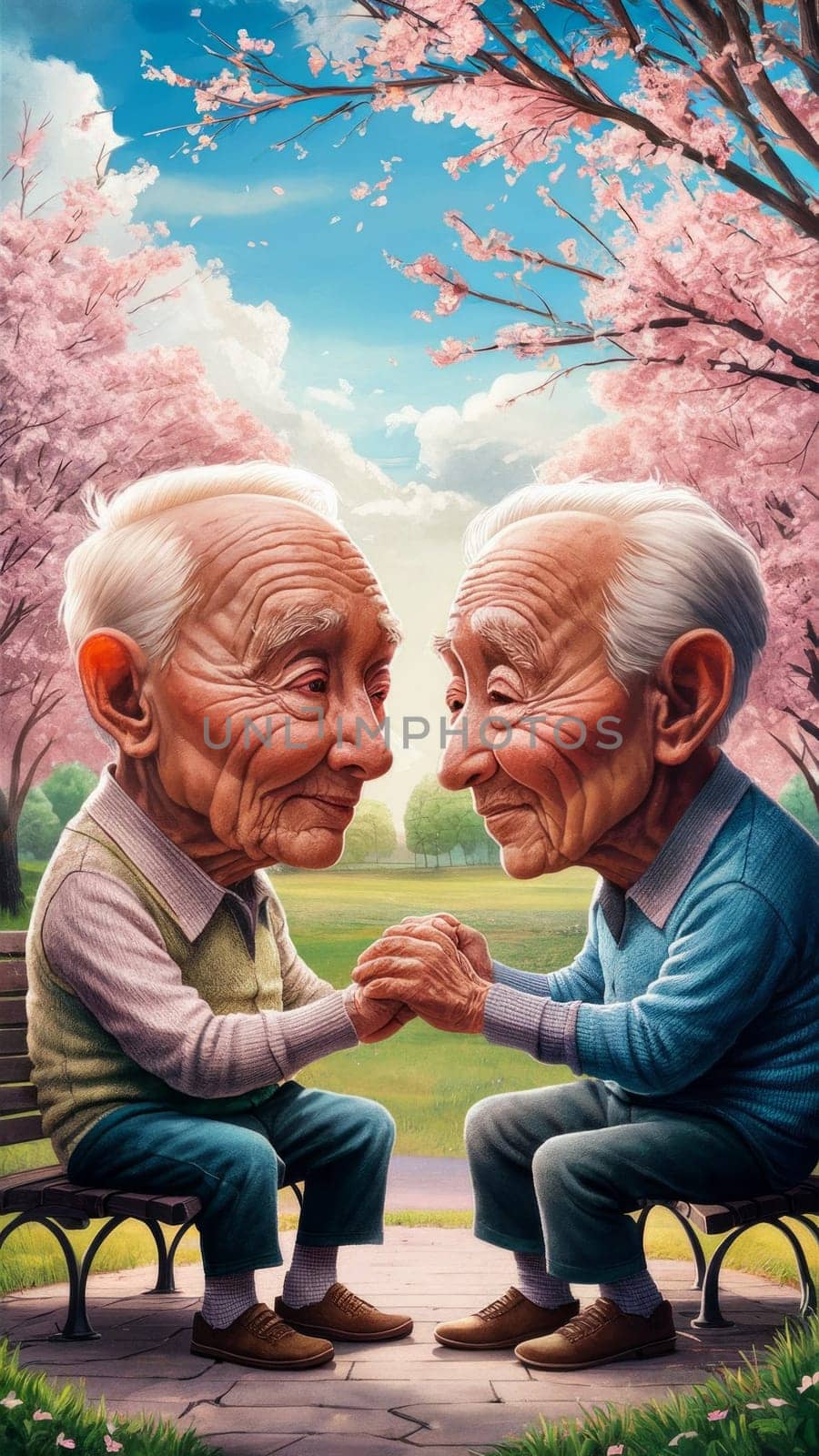 Charming illustration of two elderly men holding hands under cherry blossoms, celebrating lifelong friendship or love.