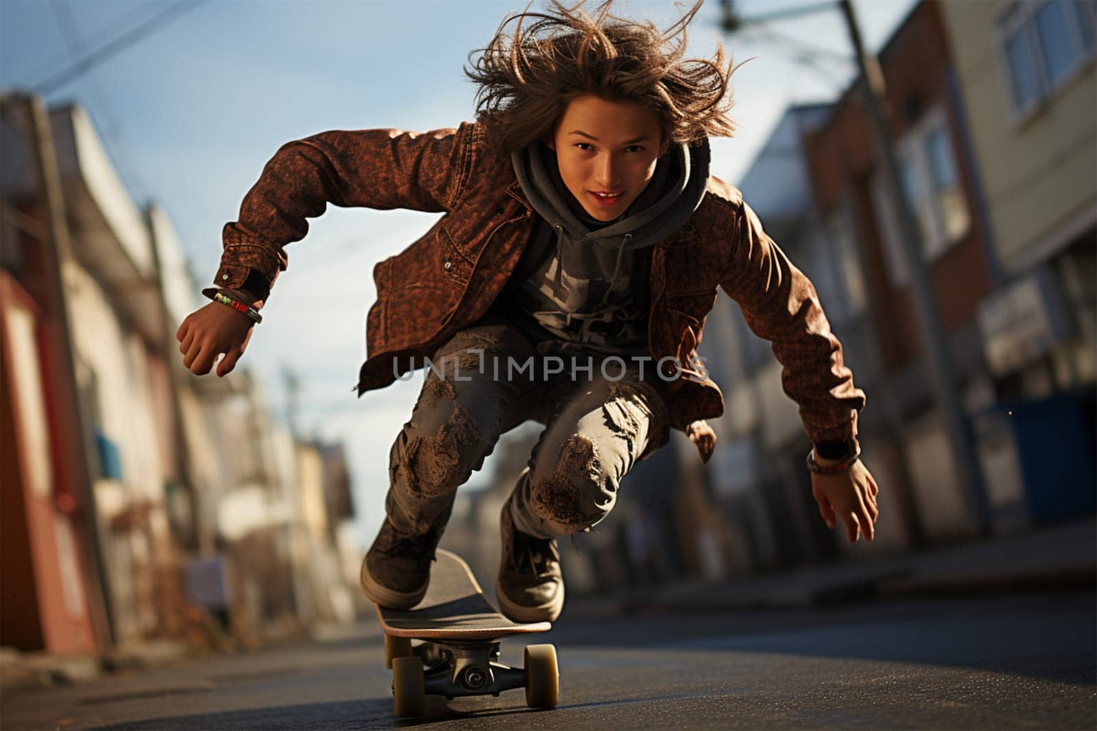 A young skateboarder performs a dynamic trick in an urban street setting, conveying energy and motion