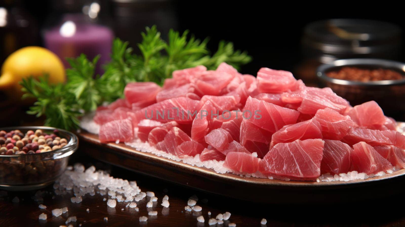 Fresh tuna sashimi slices garnished with mint on a bed of Himalayan salt, served under dim lighting for a sophisticated indulgence.