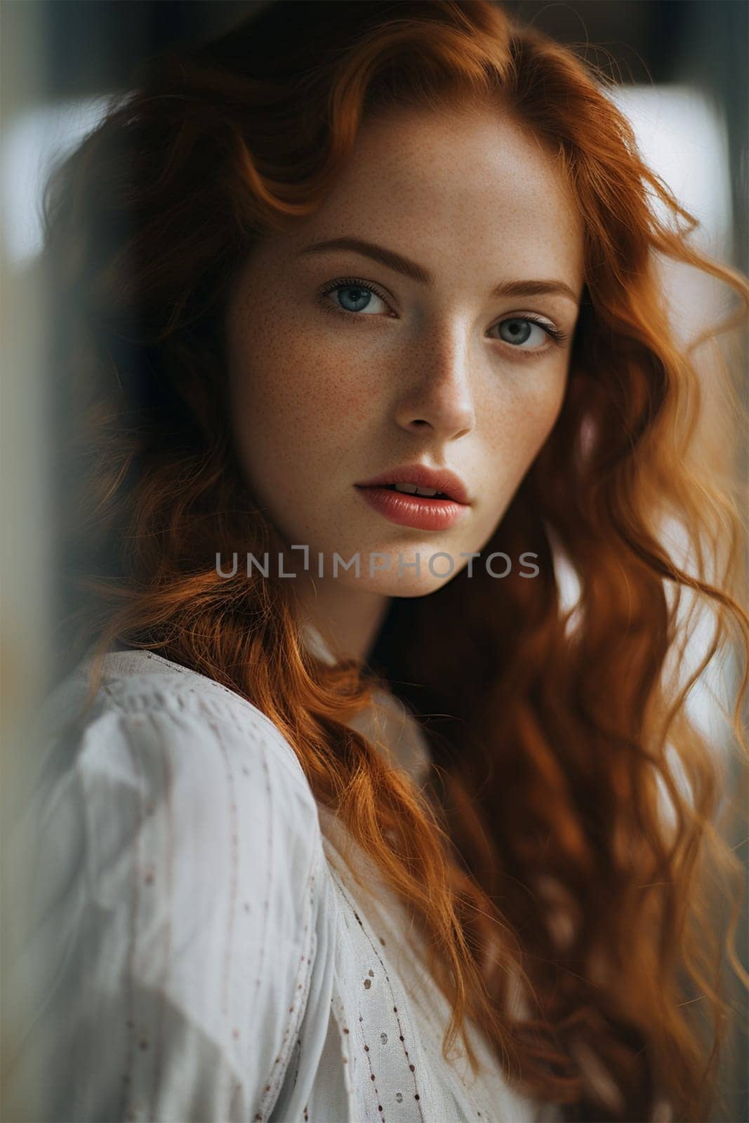 Close-up portrait of a woman with striking red hair and green eyes, capturing a thoughtful and intense expression.