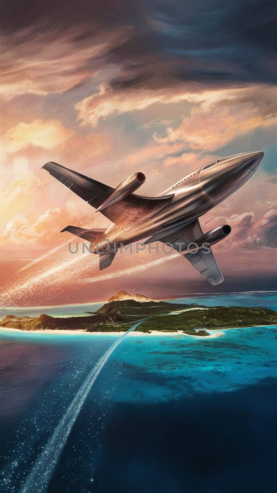 A private jet flies over a tropical archipelago during sunset, leaving a sparkling trail over the serene blue waters.for advertising luxury travel