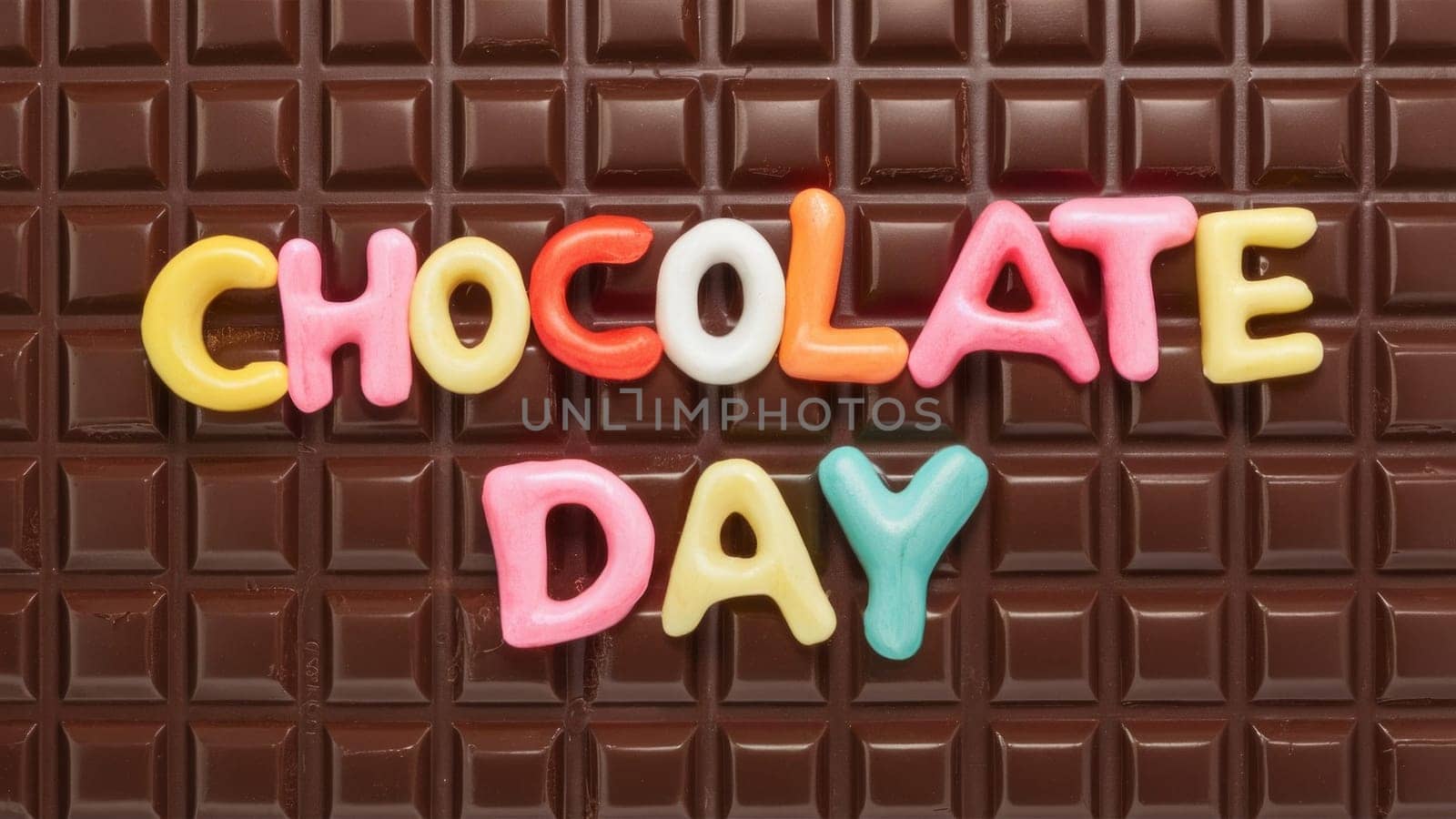 "Chocolate Day"" spelled out in colorful letters on a dark chocolate bar background. Copy space available."