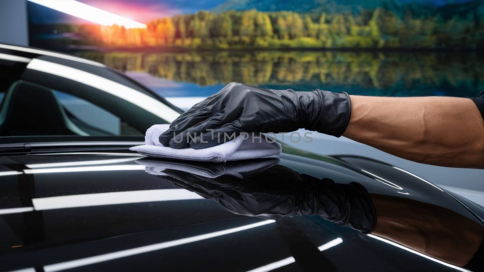 Close-up of a man's gloved hand wiping a car with a microfiber cloth, against a scenic background.
