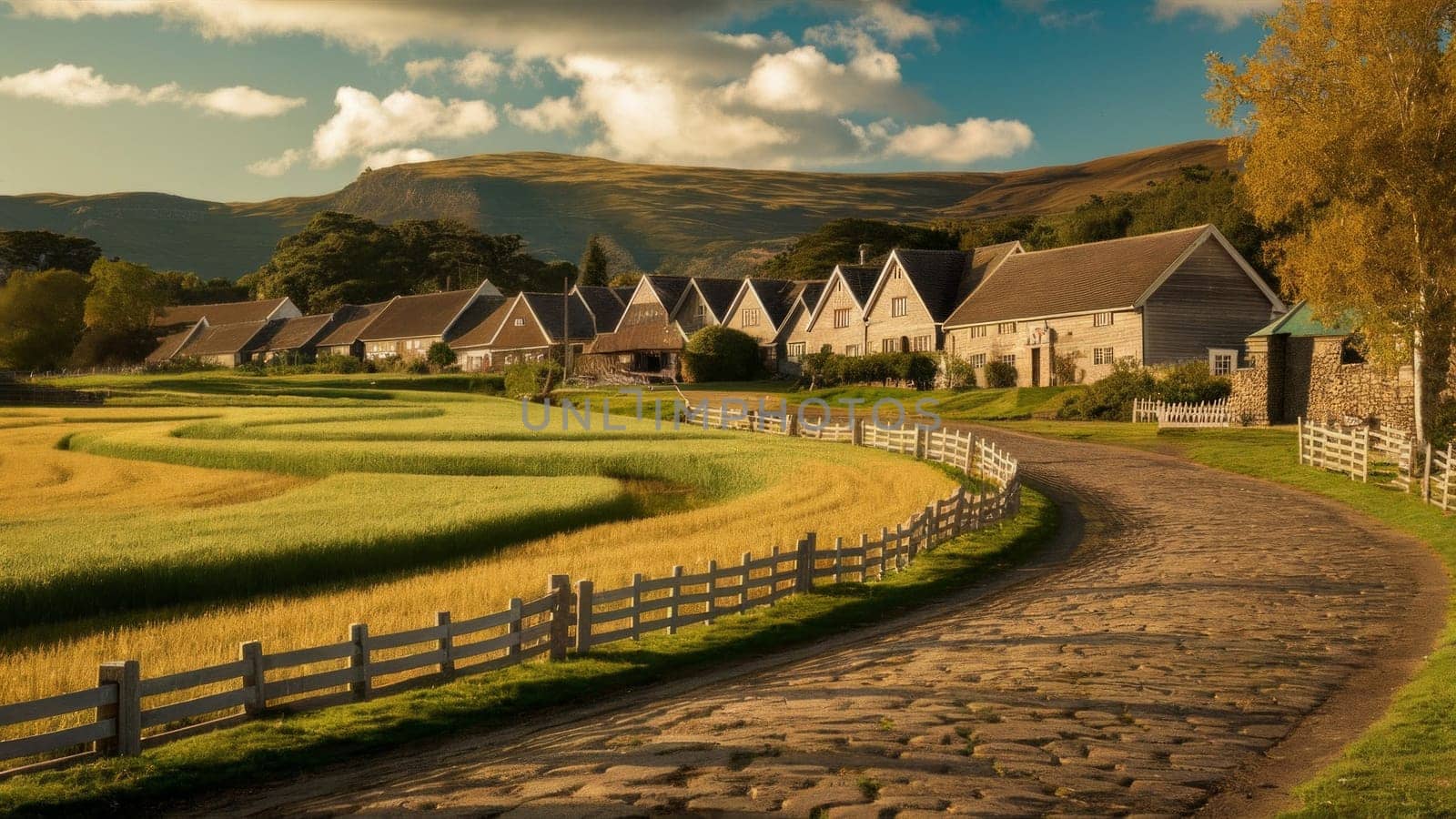 Idyllic Rural Village Scene. A serene rural landscape with charming cottages along a winding road, under a clear sky and rolling hills in the background.