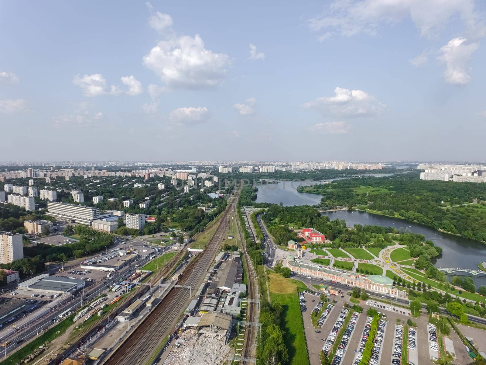 Top view of the city of Moscow, buildings and roads and other infrastructure of the city. Cityscape view from above.