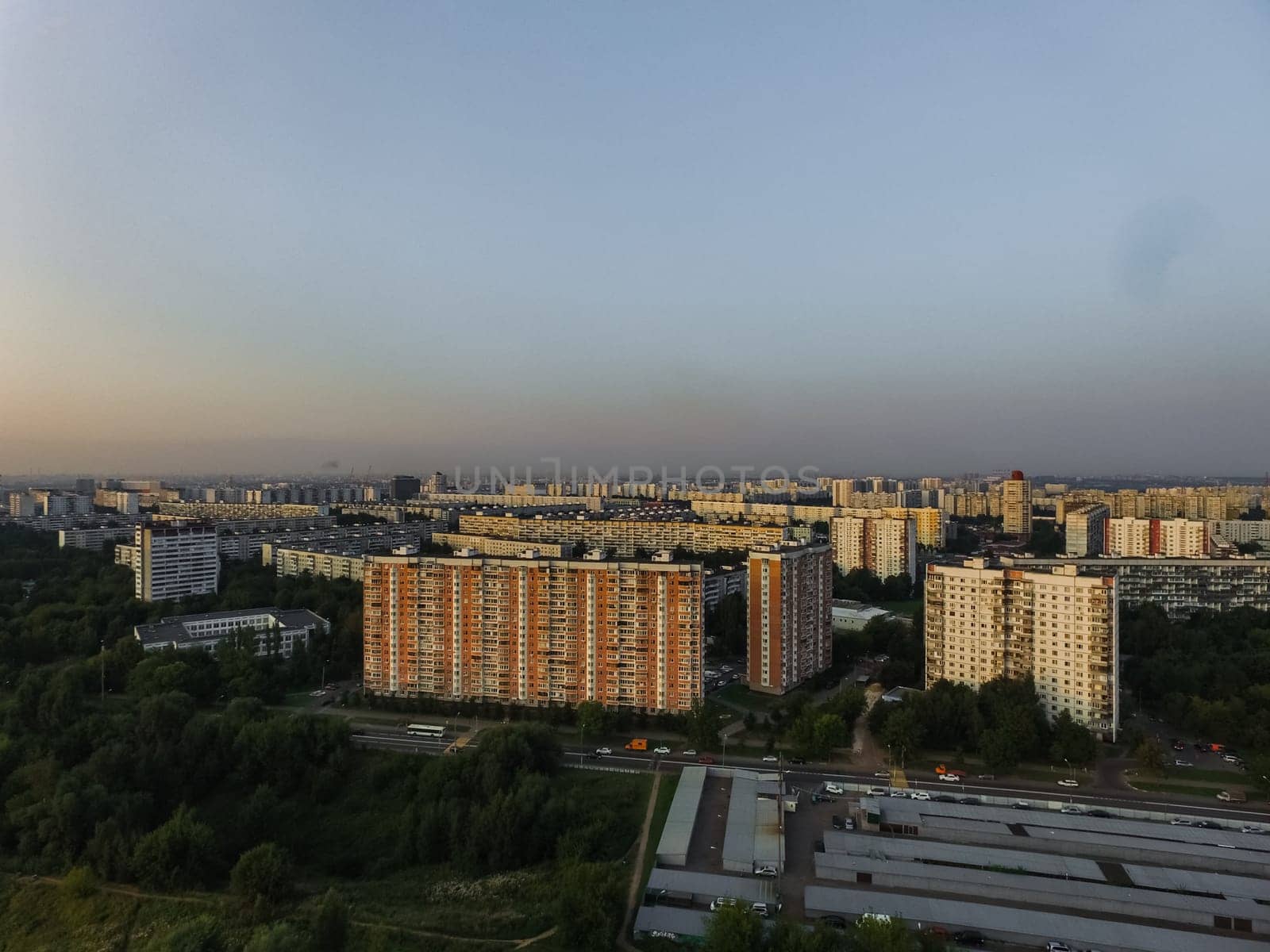 Top view of the city of Moscow, buildings and roads and other infrastructure of the city. Cityscape view from above.