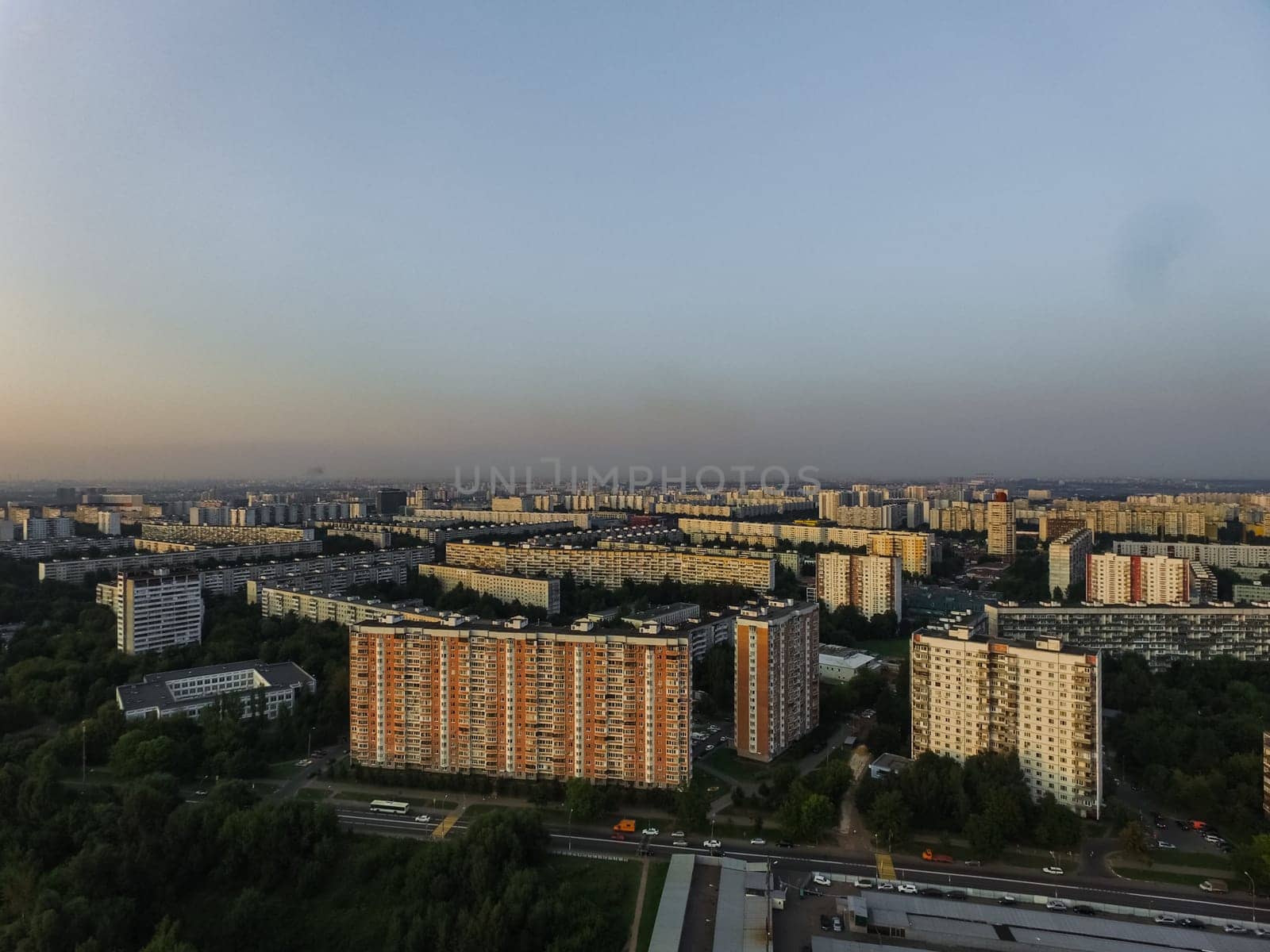 Top view of the city of Moscow, buildings and roads and other infrastructure of the city. Cityscape view from above.
