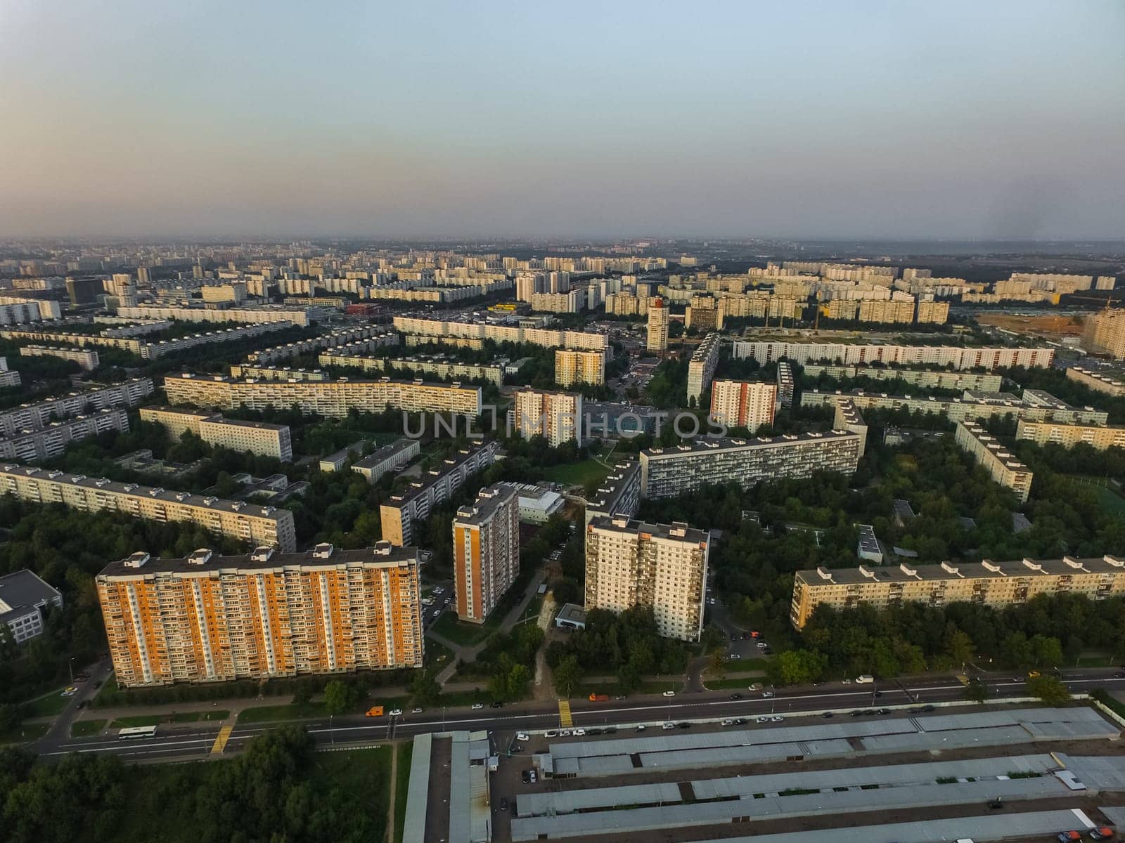 Top view of the city of Moscow, buildings and roads and other infrastructure of the city. Cityscape view from above.