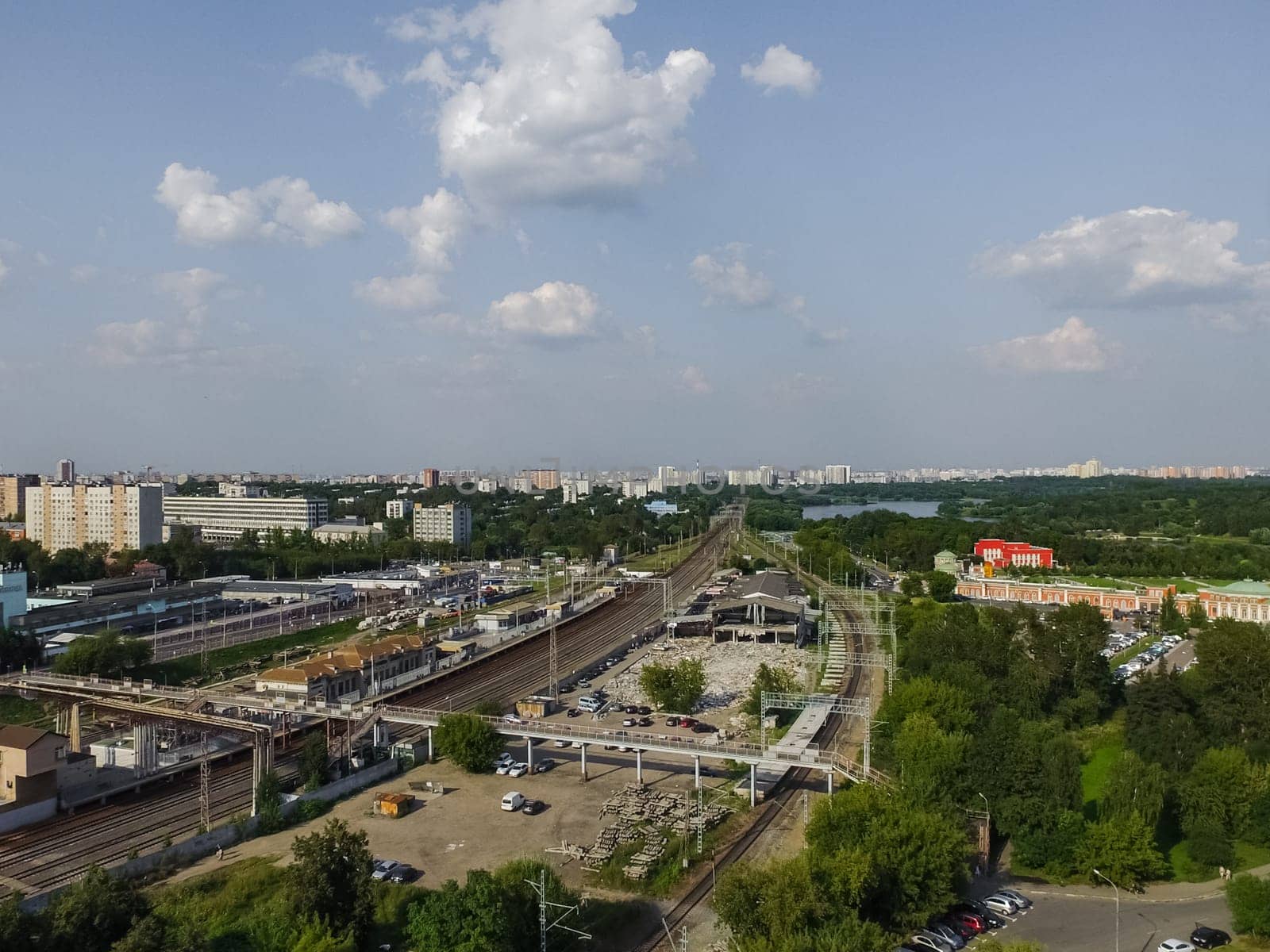 Top view of the city of Moscow, buildings and roads and other infrastructure of the city. Cityscape view from above.