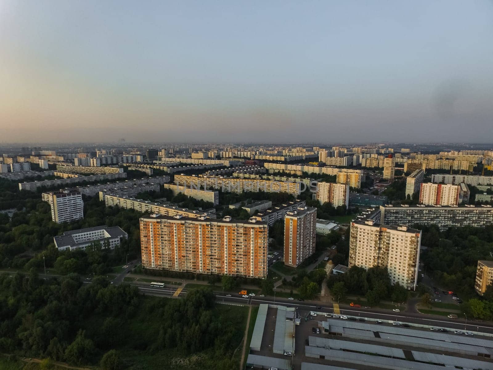 Top view of the city of Moscow, buildings and roads and other infrastructure of the city. Cityscape view from above.