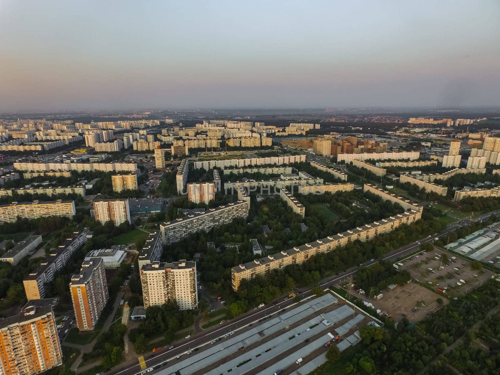 Top view of the city of Moscow, buildings and roads and other infrastructure of the city. Cityscape view from above.