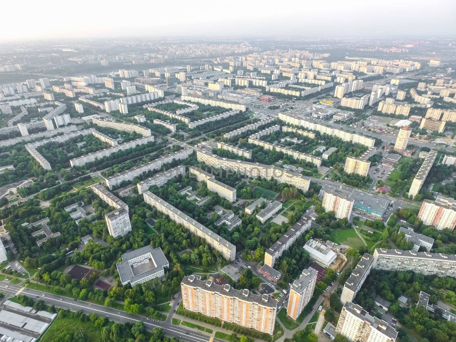 Top view of the city of Moscow, buildings and roads and other infrastructure of the city. Cityscape view from above.