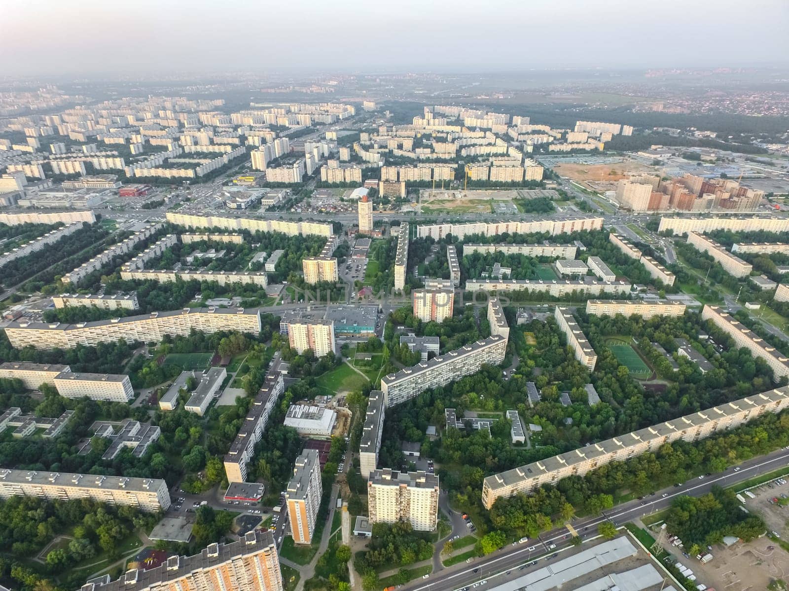Top view of the city of Moscow, buildings and roads and other infrastructure of the city. Cityscape view from above.