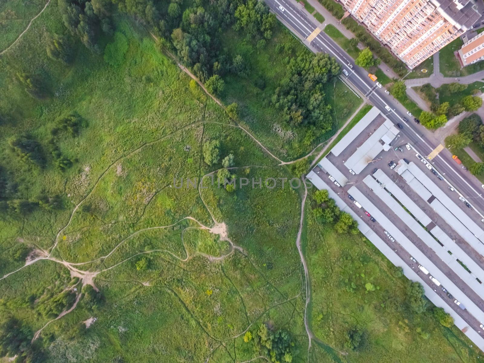 Top view of the city of Moscow, buildings and roads and other infrastructure of the city. Cityscape view from above.