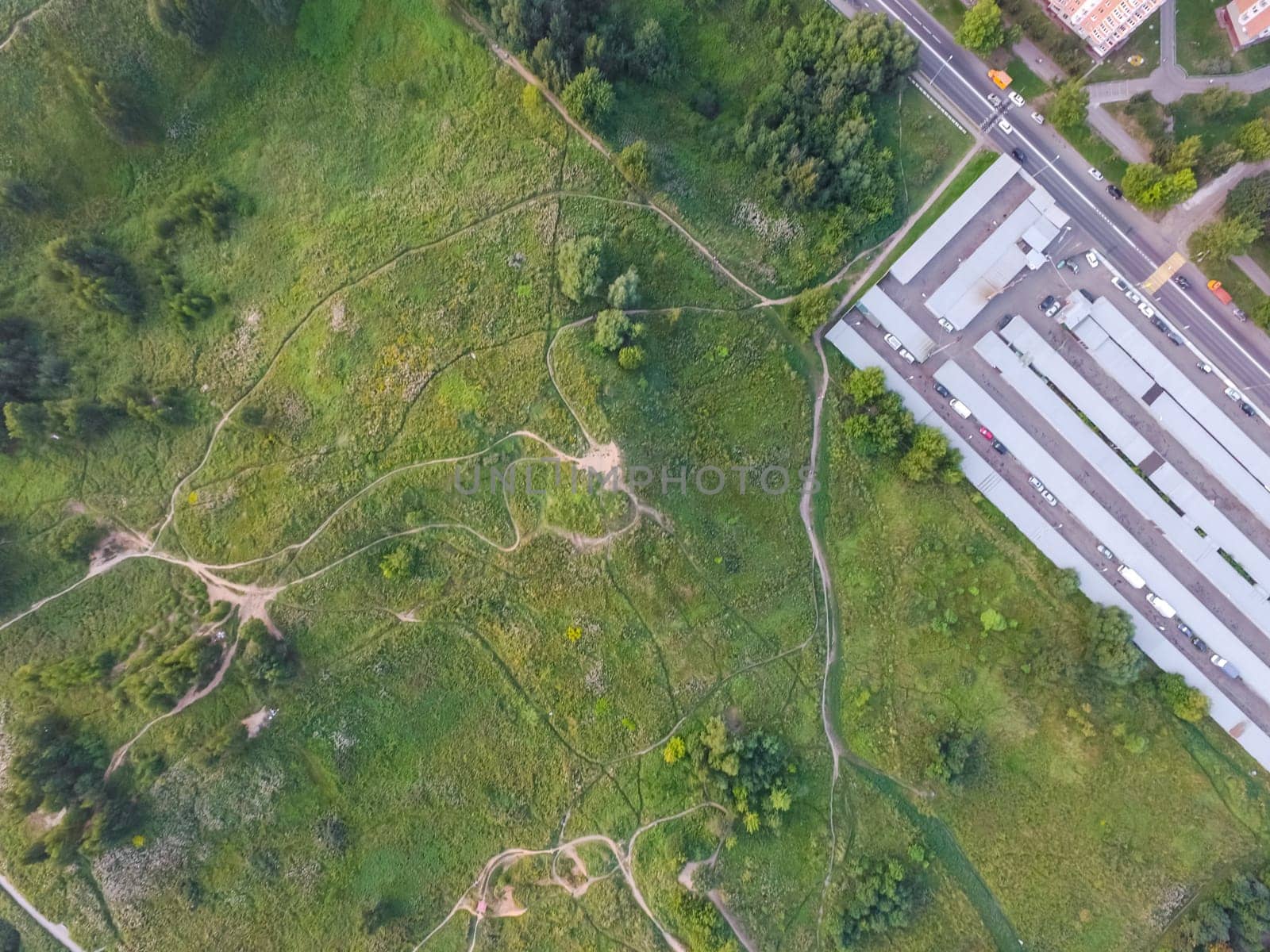 Top view of the city of Moscow, buildings and roads and other infrastructure of the city. Cityscape view from above.