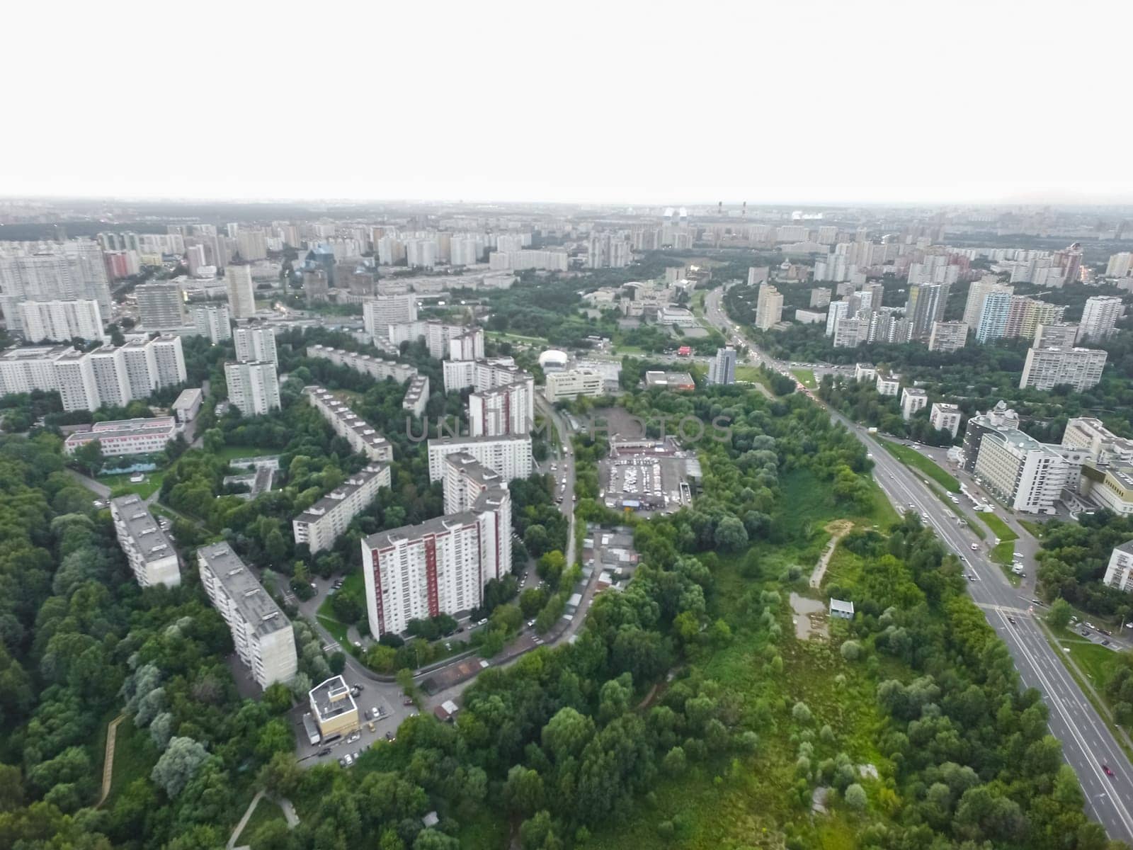 Top view of the city of Moscow, buildings and roads and other infrastructure of the city. Cityscape view from above.