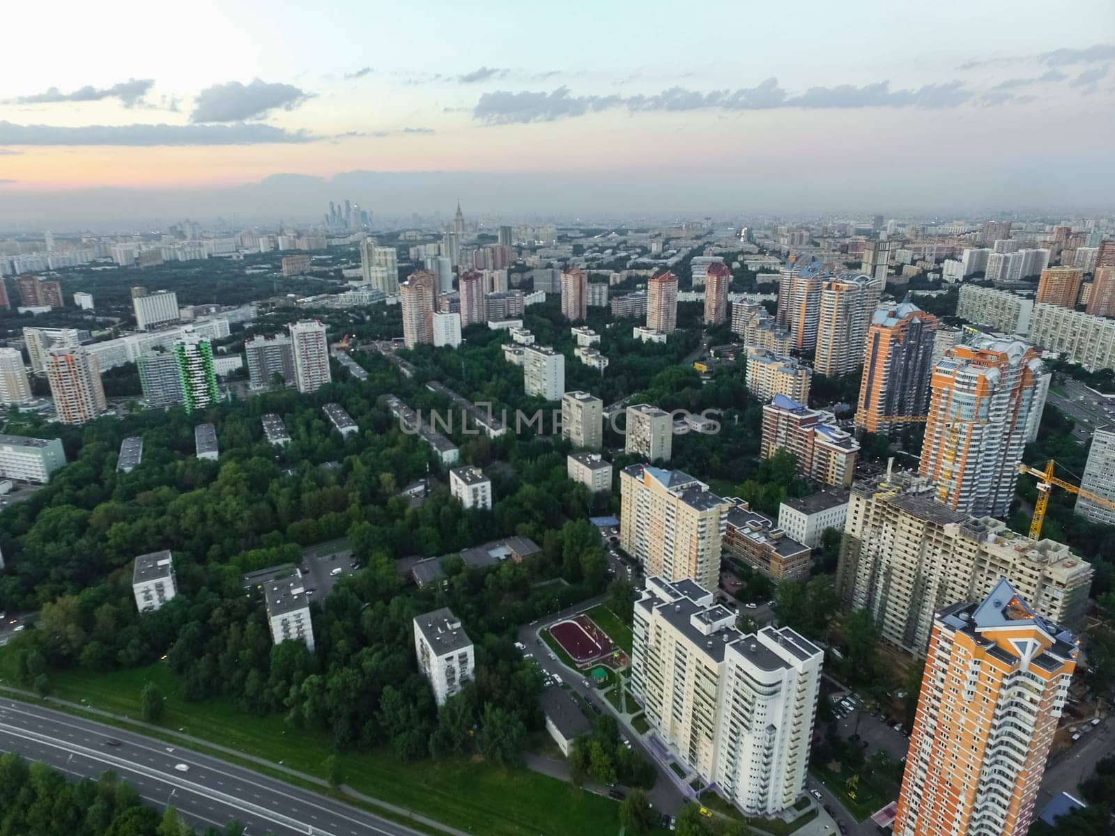Top view of the city of Moscow, buildings and roads and other infrastructure of the city. Cityscape view from above.