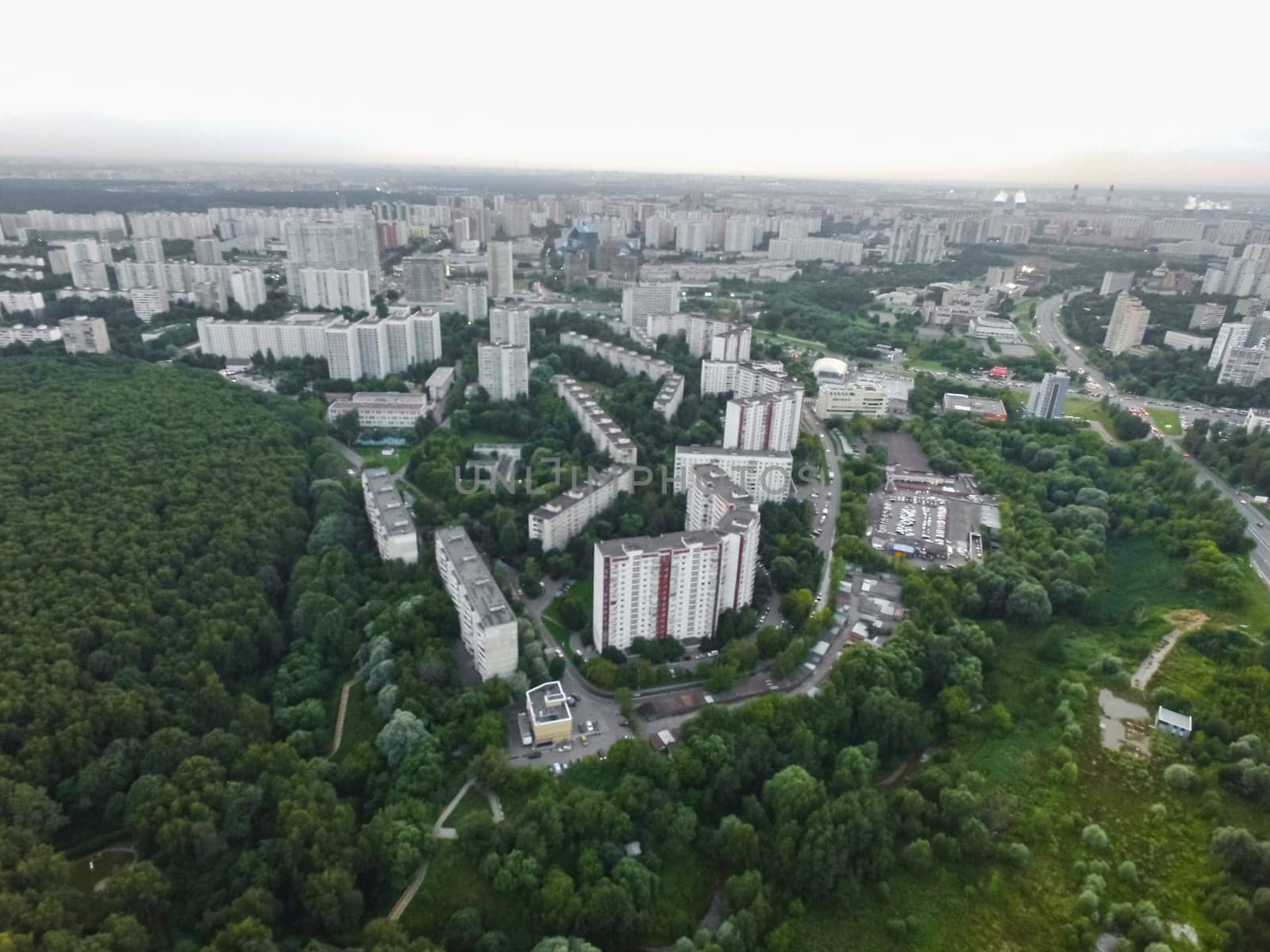 Top view of the city of Moscow, buildings and roads and other infrastructure of the city. Cityscape view from above.