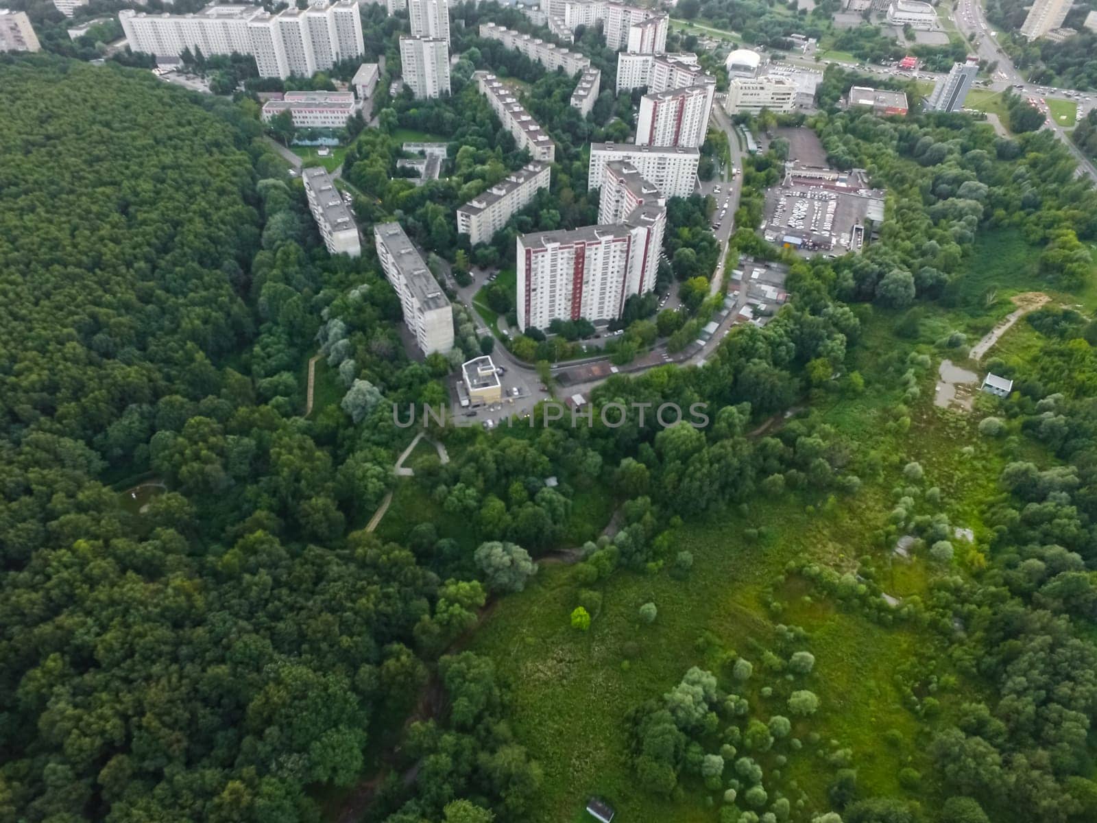 Top view of the city of Moscow, buildings and roads and other infrastructure of the city. Cityscape view from above.