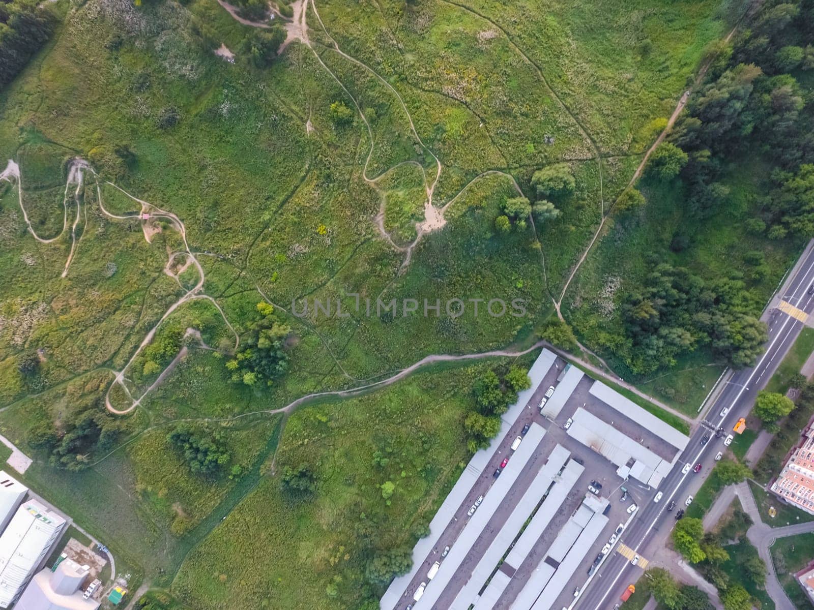 Top view of the city of Moscow, buildings and roads and other infrastructure of the city. Cityscape view from above.