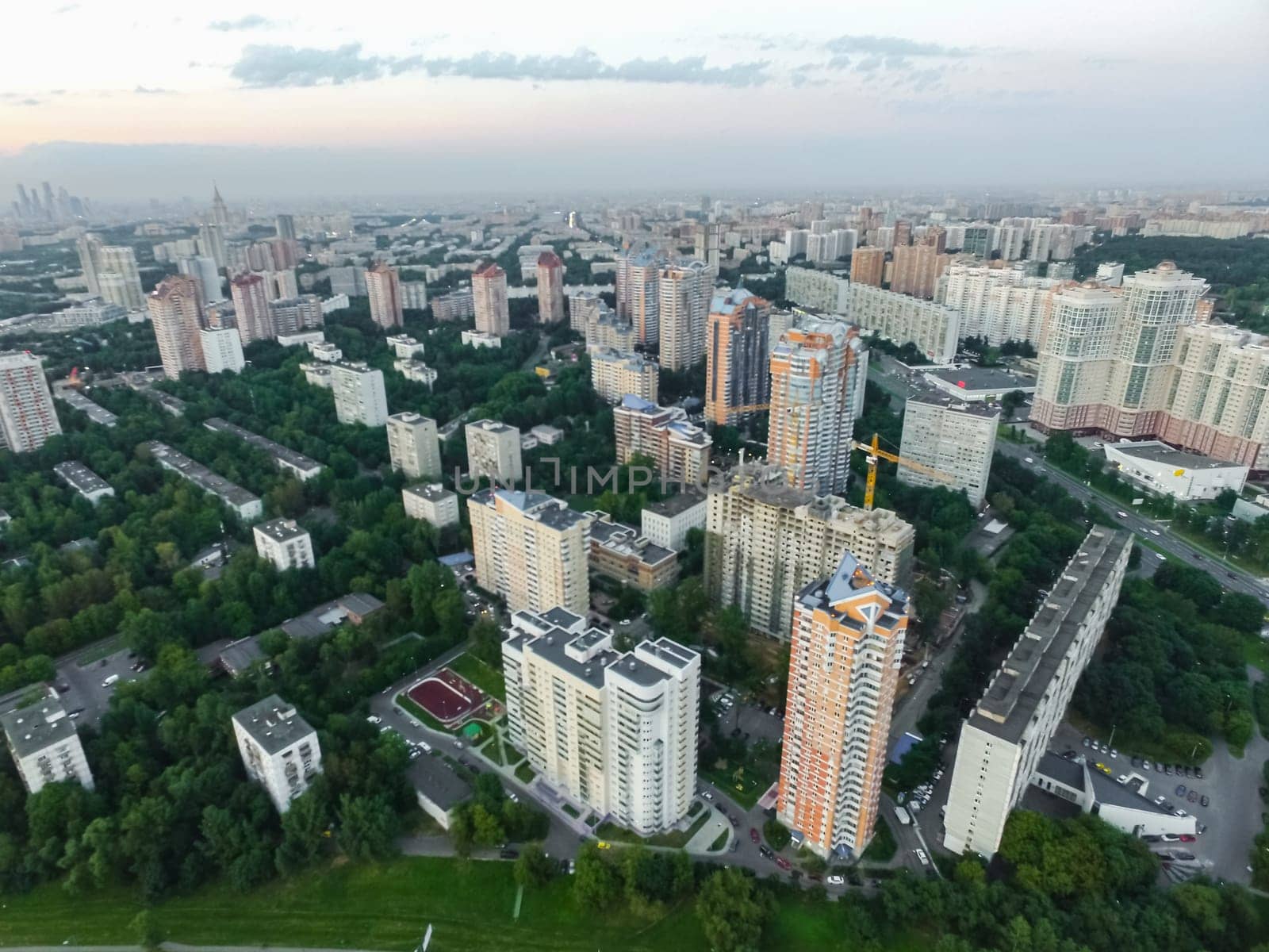 Top view of the city of Moscow, buildings and roads and other infrastructure of the city. Cityscape view from above.