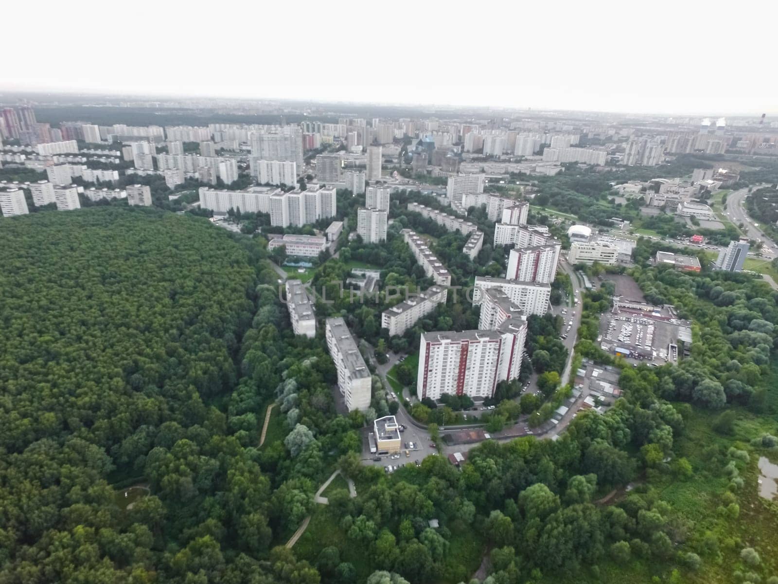 Top view of the city of Moscow, buildings and roads and other infrastructure of the city. Cityscape view from above.