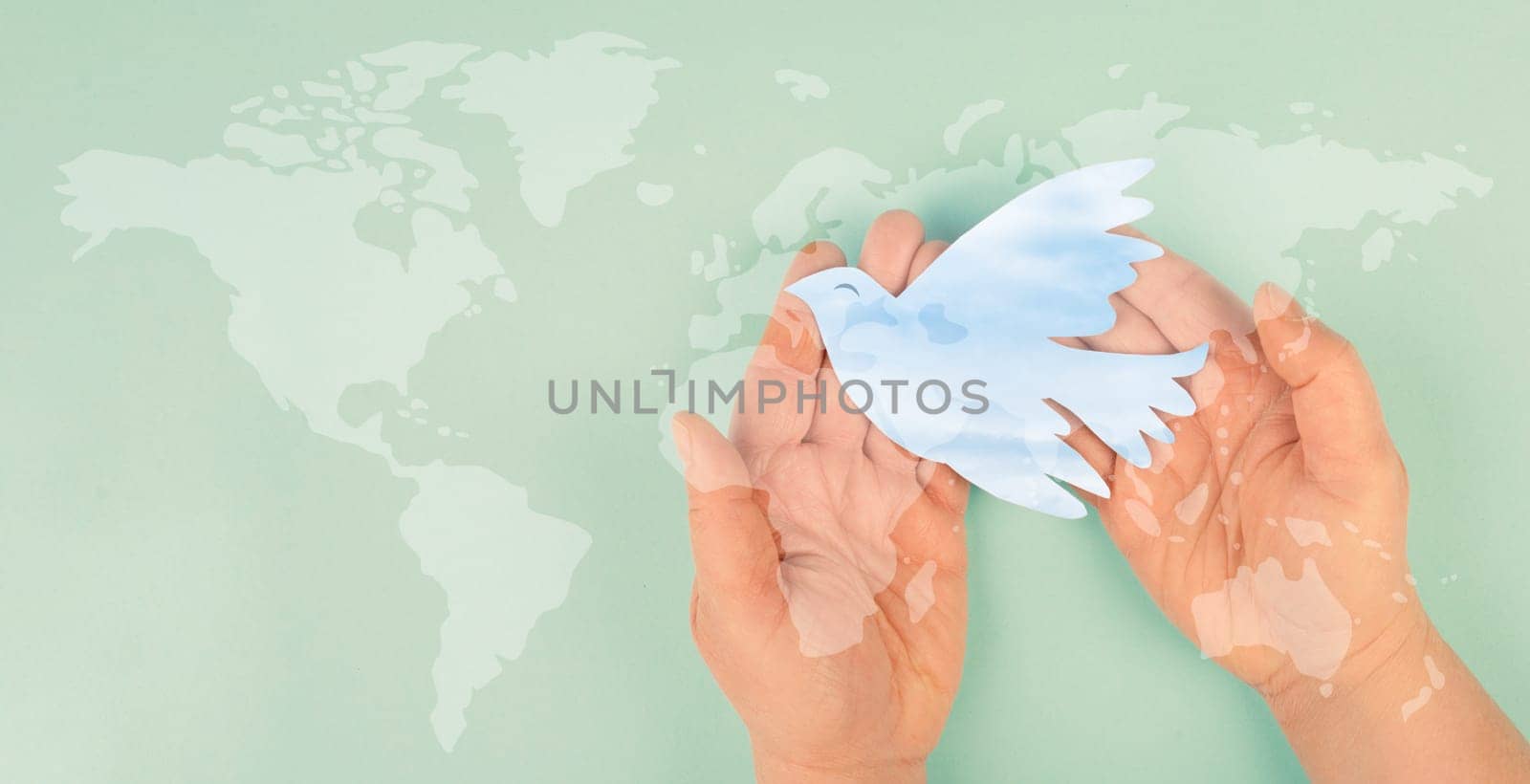 Dove flying from hand, international peace day, faith, freedom, charity and help concept, humanitarian aid, world map
