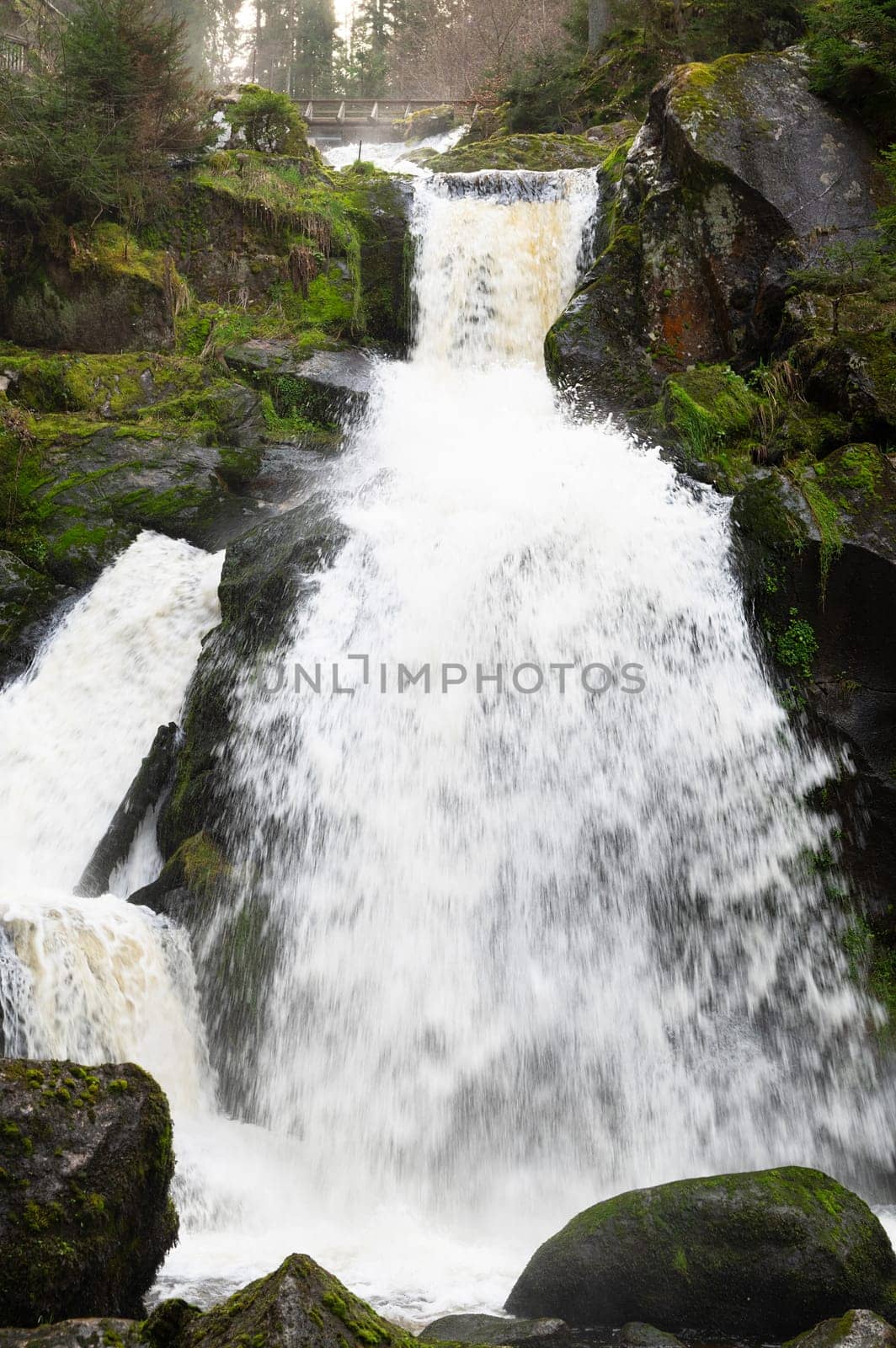 Triberg waterfall in the Black Forest, highest fall in Germany, Gutach river plunges over seven major steps into the valley, wooden bridge