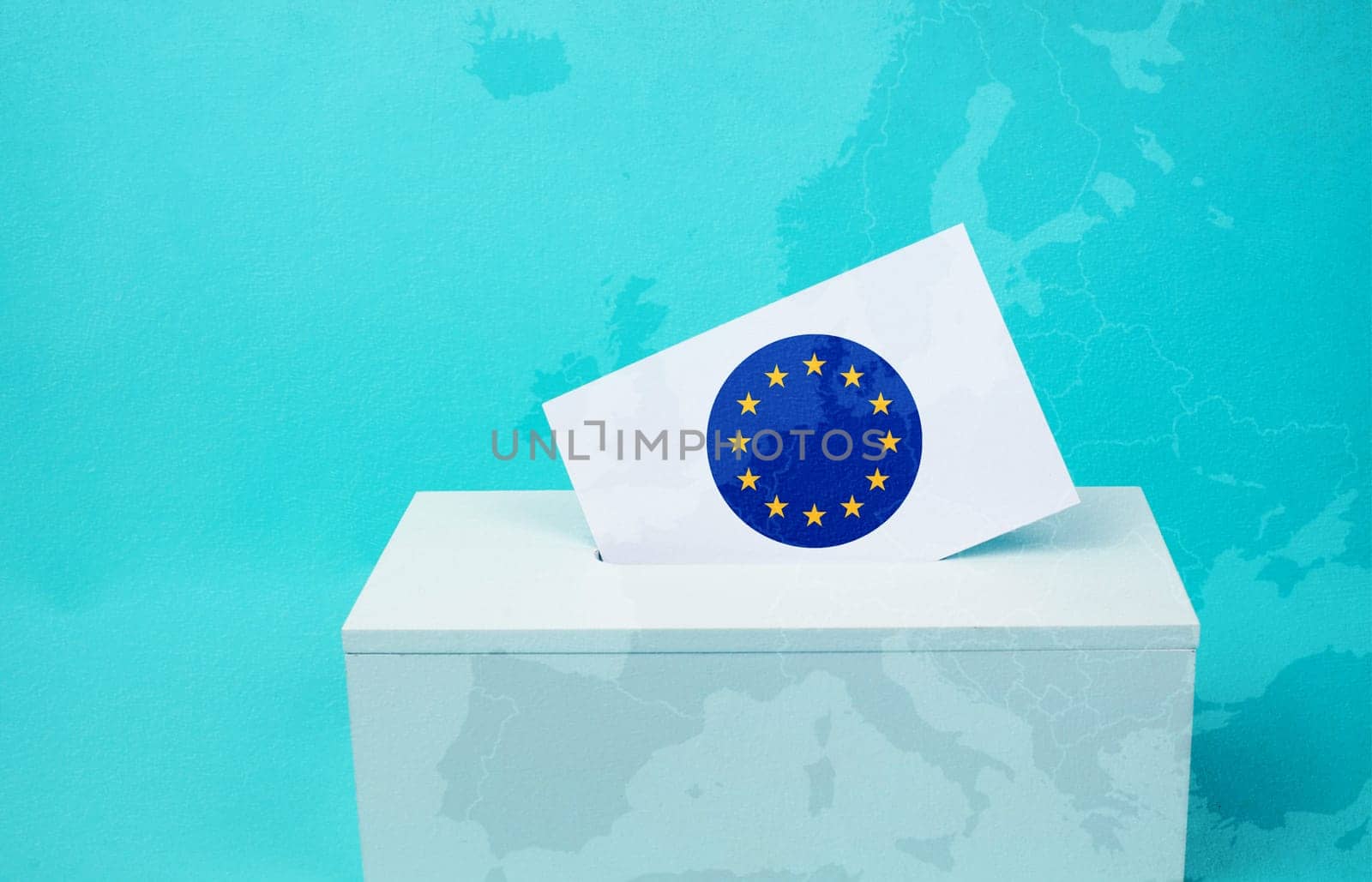EU election, ballot box, european union flag, blue and yellow stars, citizens of Europe voting Parliament