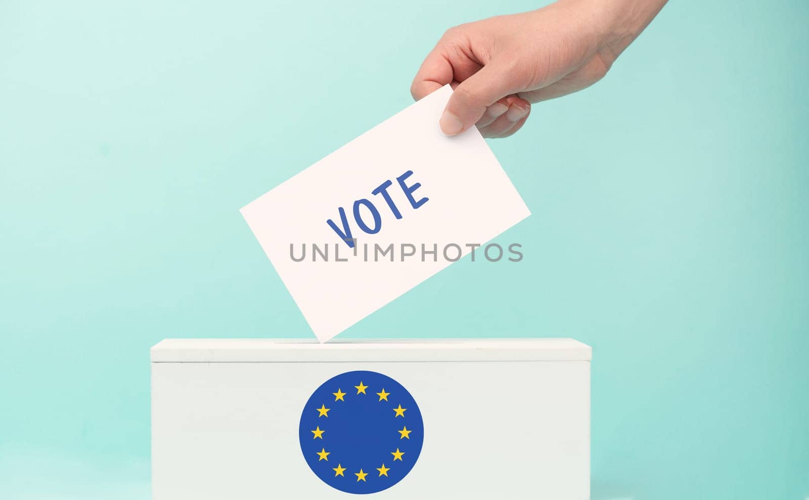 EU election, ballot box, european union flag, blue and yellow stars, citizens of Europe voting Parliament