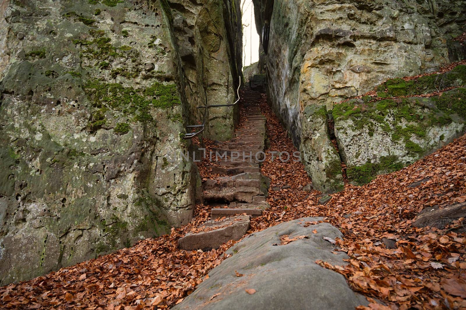 Devil Gorge at the Eifel, Teufelsschlucht with mighty boulders and canyon, hiking trail in Germany, sandstone rock formation, autumn