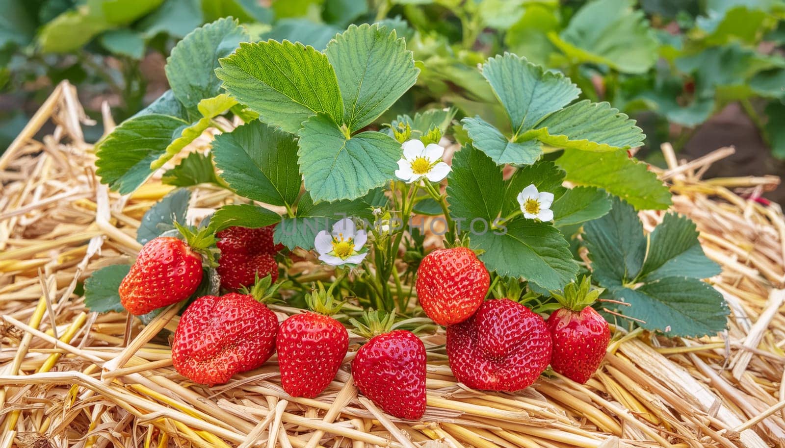The strawberries are lined with plenty of straw to prevent snails from getting to them.