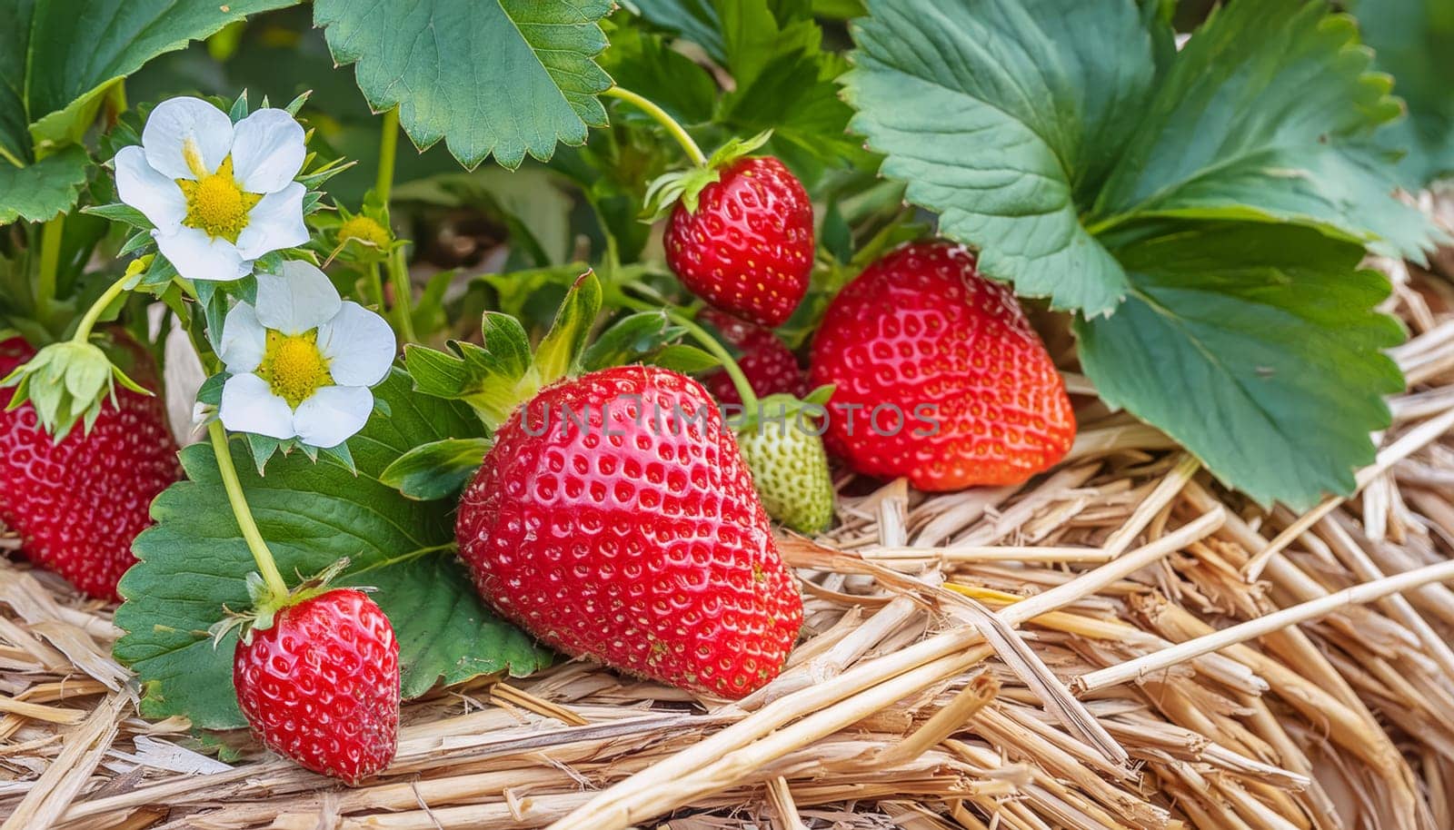 The strawberries are lined with plenty of straw to prevent snails from getting to them.