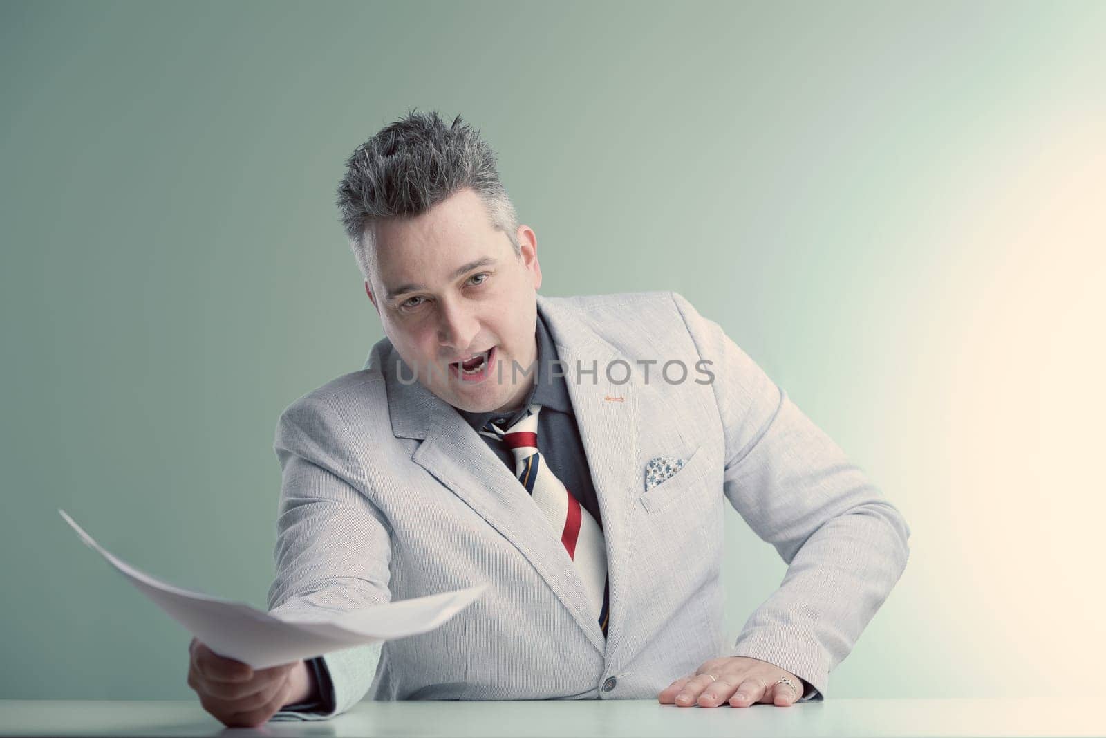 Energetic anchorman in stylish suit gestures dynamically with paper, making an enthusiastic point about the news