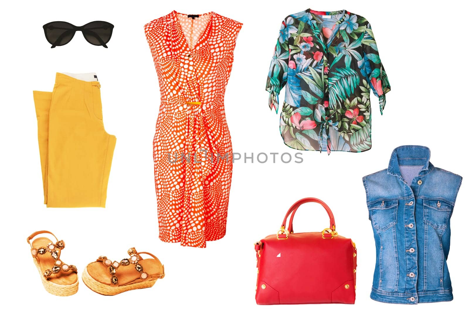 Collage set of woman spring summer clothes isolated. Female girls clothing collection. Women fashion clothing outfit. Jeans, shoes, jumper, jacket, accessories wear.
