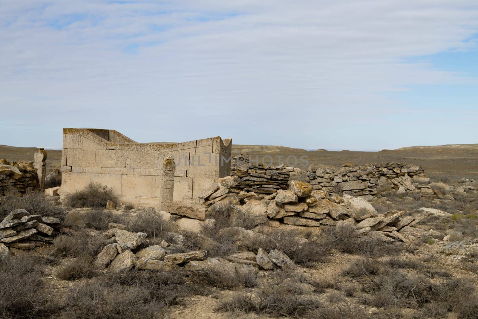Desolate graveyard in remote location in Mangystau region, Kazakhstan. Central asia travel