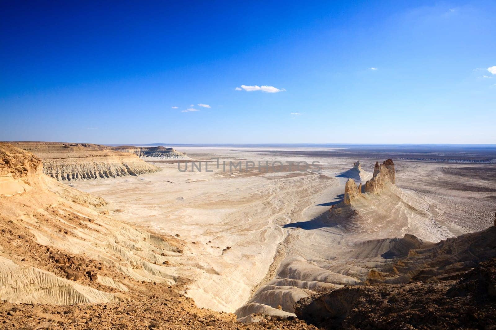 Bozzhira valley pinnacles aerial view, Mangystau region, Kazakhstan. Ak Orpa pinnacles. Beautiful central asia landmark