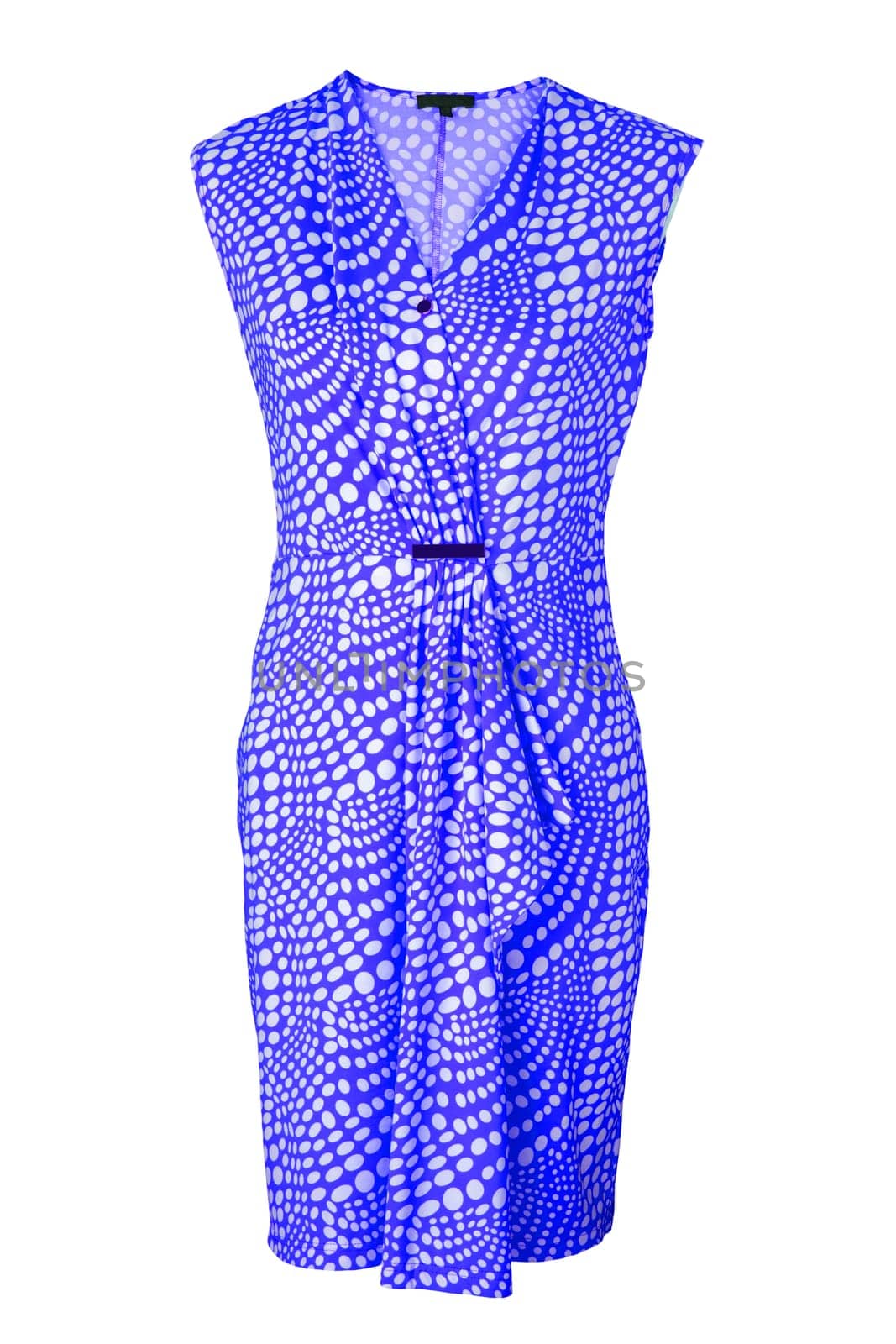 Dress isolated. Close-up of a colorful elegant stylish sleeveless blue summer dress or sundress with white dots isolated on a white background. Clipping path.