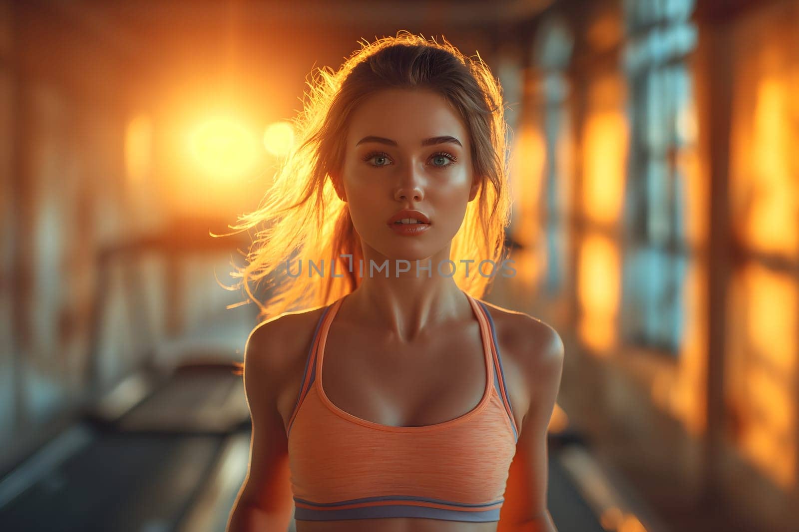 Health care, healthiness concept, Portrait Woman, wearing exercise clothes in the gym, light of the setting sun, streaming in through the mirror, Exercise, Generative Ai