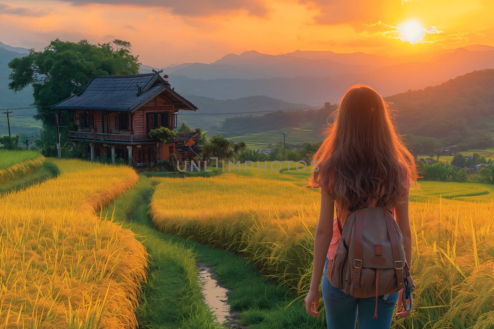 Sustainable tourism reduce global warming and save costs, Sustainable tourism reduces global warming and saves money, Female tourist walks into a homestay nestled in the middle of beautiful nature, Female tourists are entering homestays set amidst beautiful nature, Energy saving accommodations, Accommodations that reduce global warming, and accommodations that do not harm nature and the environment, Generate Ai