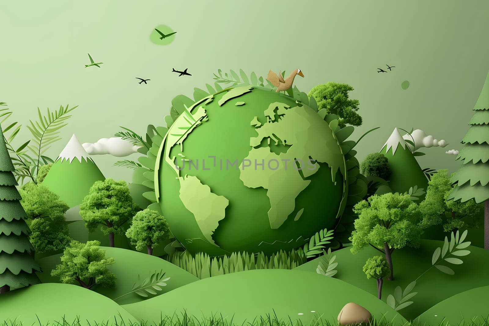 World Environment Day, A world surrounded by lush trees and forests, There's a clear sky It shows the abundance and clean air if everyone helps take care of and preserve the world, Template design 3d style, Generative Ai