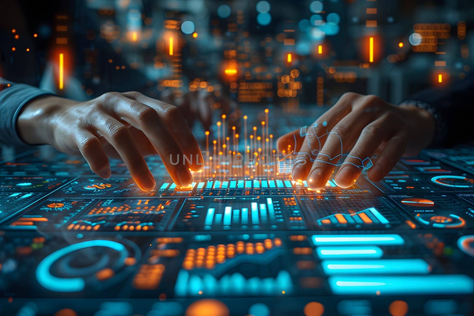 Financial, Business Analytics, Technology Concept, Business man hands with focused on financial statistics, charts, and data digital visualization in a corporate environment, Generative Ai