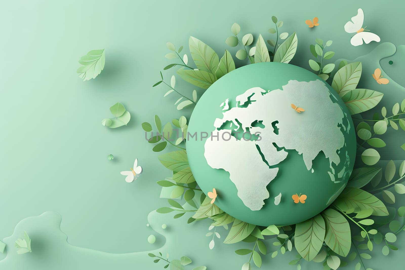World Environment Day, A world surrounded by lush trees and forests, There's a clear sky It shows the abundance and clean air if everyone helps take care of and preserve the world, Flat design 3d style, Generative Ai