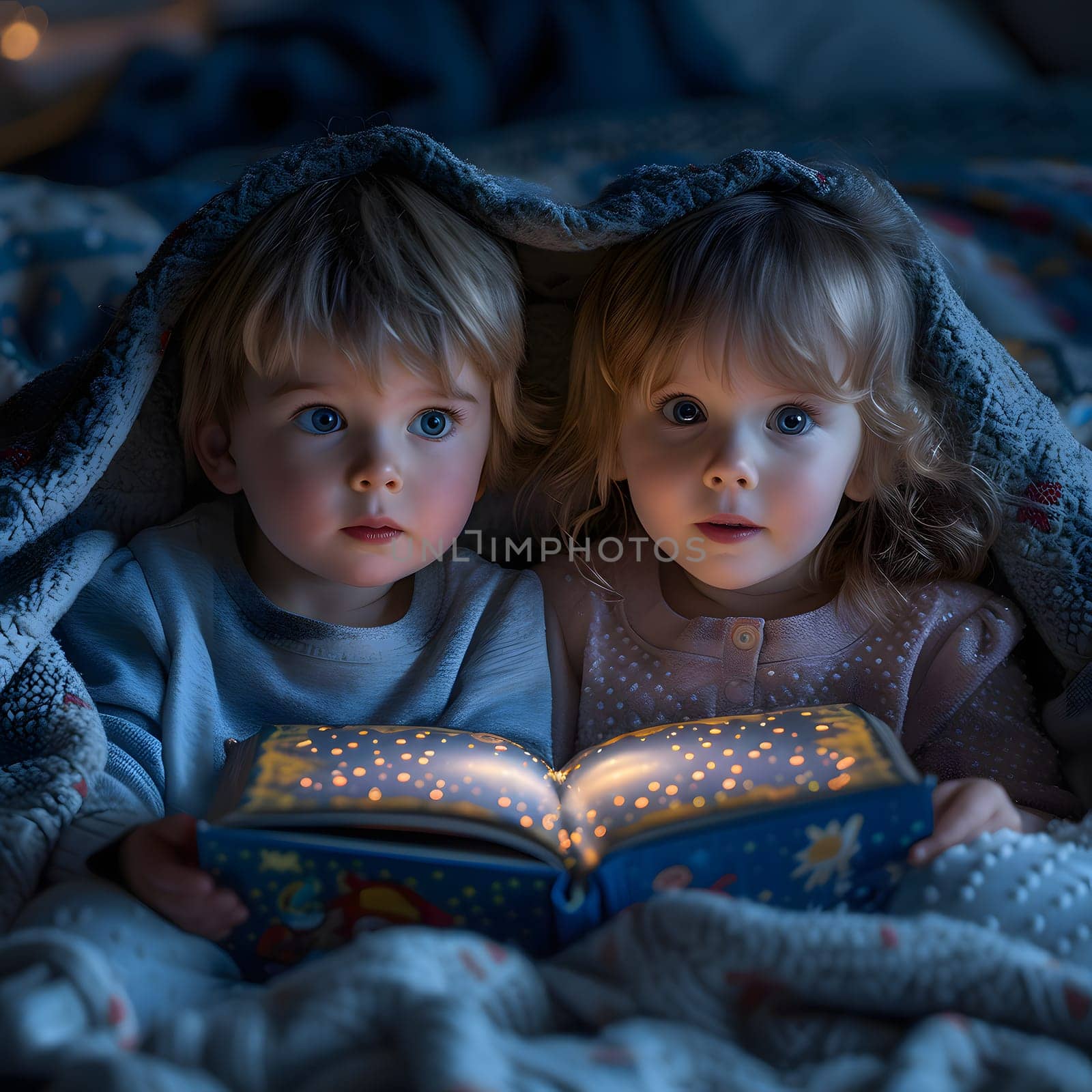 Little Children a boy and a girl is reading a a story magic book under a blanket using the light of a flashlight, Generative Ai