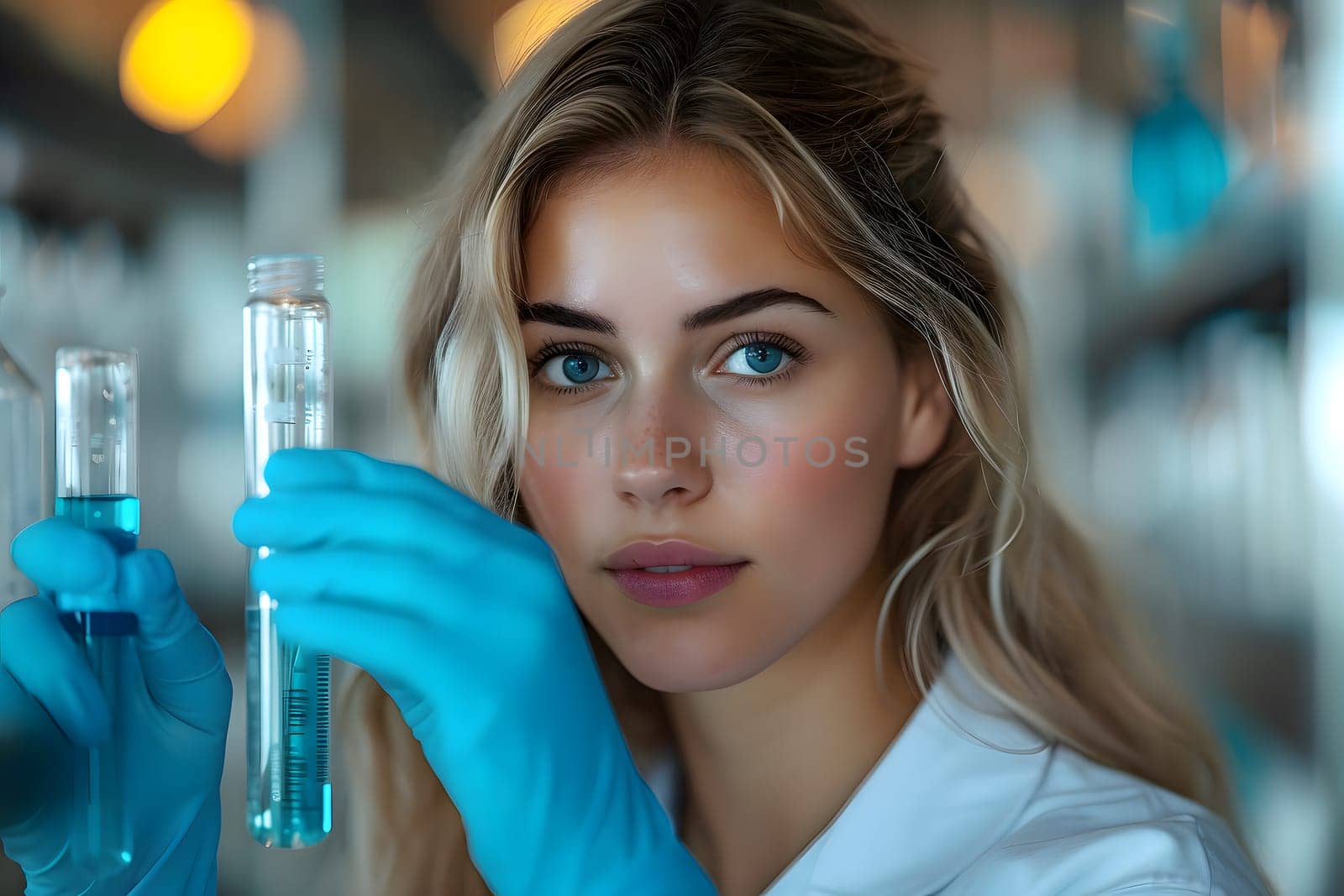 Female scientist holding test tube with solution in blue gloved hands, in research lab, Generative Ai