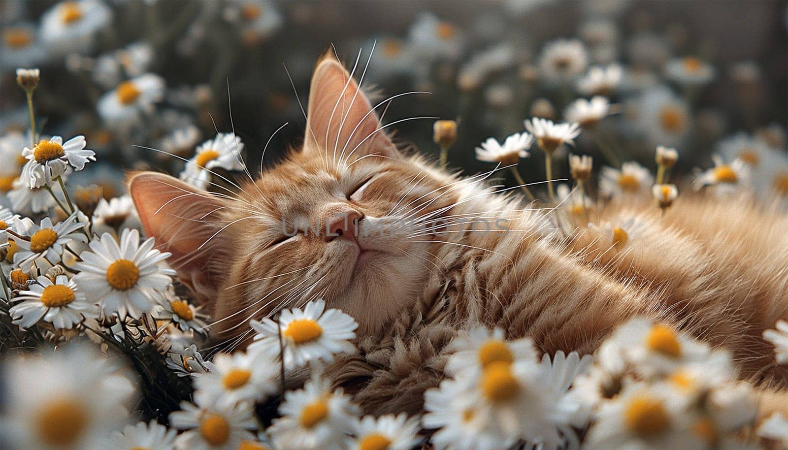 Portrait of a cute tabby cat in grass and flowers. Lies in a spring daisy flower field. Enjoy life! Walking Pets in nature. Wild daisies. Ginger cat playful in nature close up