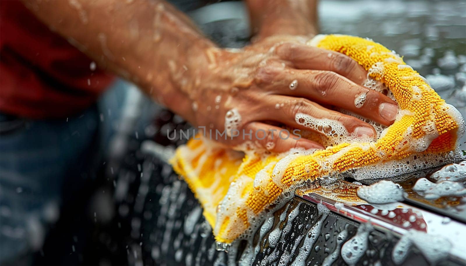 Close-up of car washing process. Unknown man washing his car outside. at the rear wheel of his car, washes the vehicle in the backyard of the house. Car cleaning concept. People and transport Close up