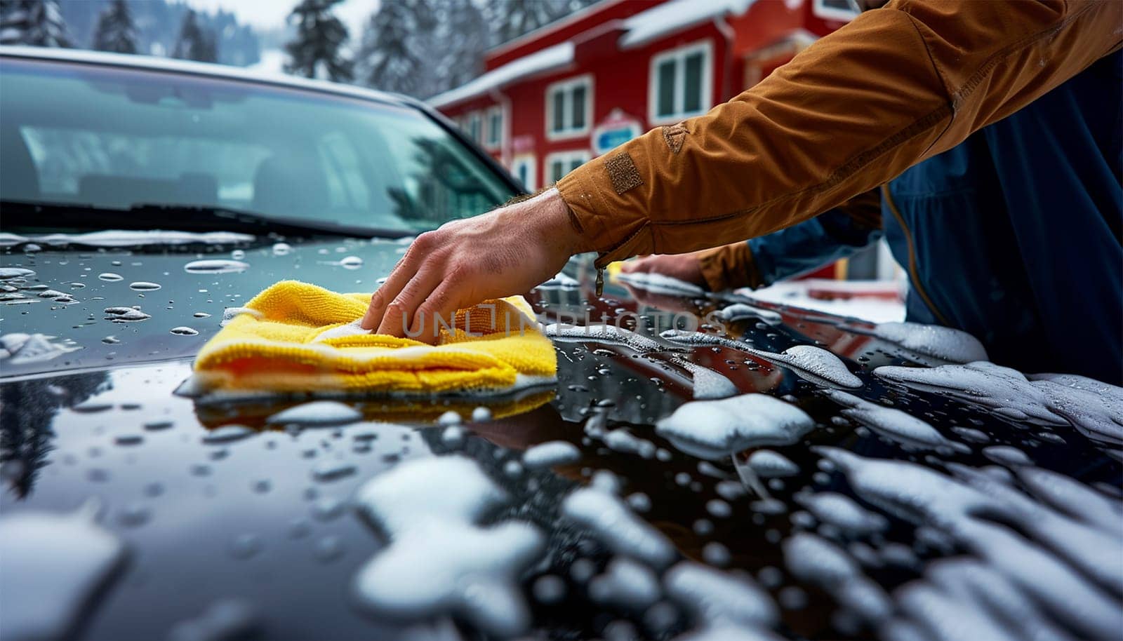 Close-up of car washing process. Unknown man washing his car outside. at the rear wheel of his car, washes the vehicle in the backyard of the house. Car cleaning concept. People and transport Close up